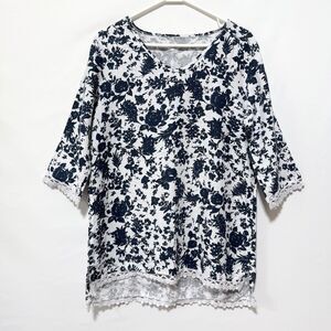 Elena Baldi 3/4 Sleeve Blue White Floral 100% Linen Lace Trim 3/4 Sleeve Top L